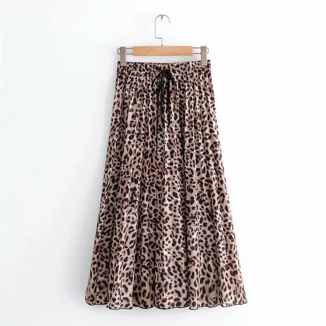 2018 New Women Vintage leopard printing pleated midi skirt faldas mujer ladies elastic waist sashes chic mid-calf skirts QUN119