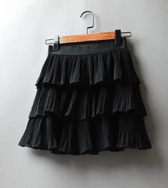 2020 Summer Women Elasticity Waist Mini Skirt Ladies Chiffon Skirt Ladies Casual Cake Skirts Black White Femme Pleated Skirts