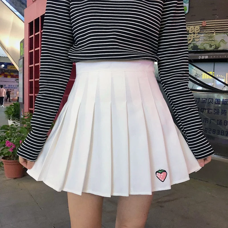 Harajuku Strawberry Embroidered Skirt Female Loose High Waist Button Zipper Pleated Skirt Student Skirt Cute Pink Skirt Cotton