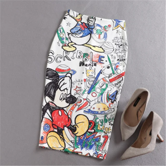 Mickey Women's high waist slim Hip skirt cartoon letter print pencil skirts Women Sexy Mickey skirt Knee Length Skirt for Summer