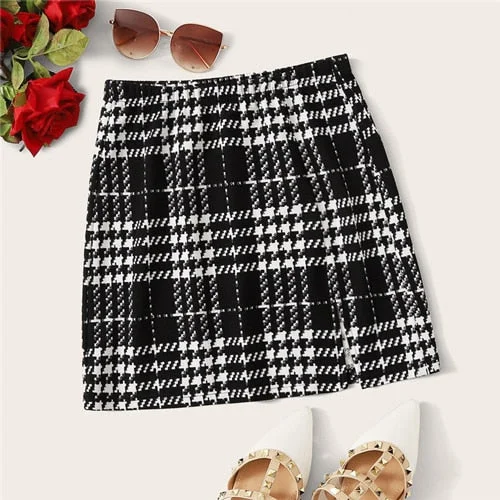 ROMWE Plaid Textured Mini Skirts Womens Spring Fall 2019 Clothes Mid Waist Black Skirt White Skirt A Line Split Hem Korean Skirt