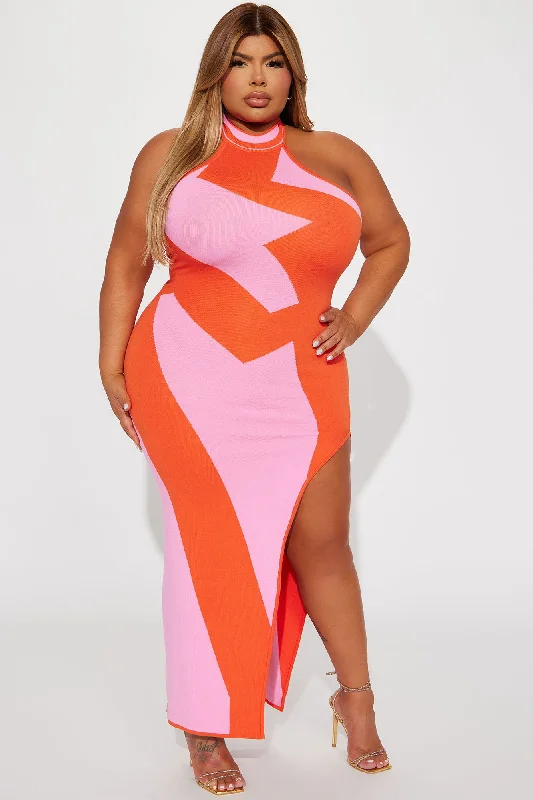 Abstract Halter Maxi Dress - Orange/combo