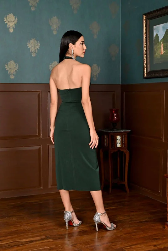 After hours - bottle green halterneck midi dress