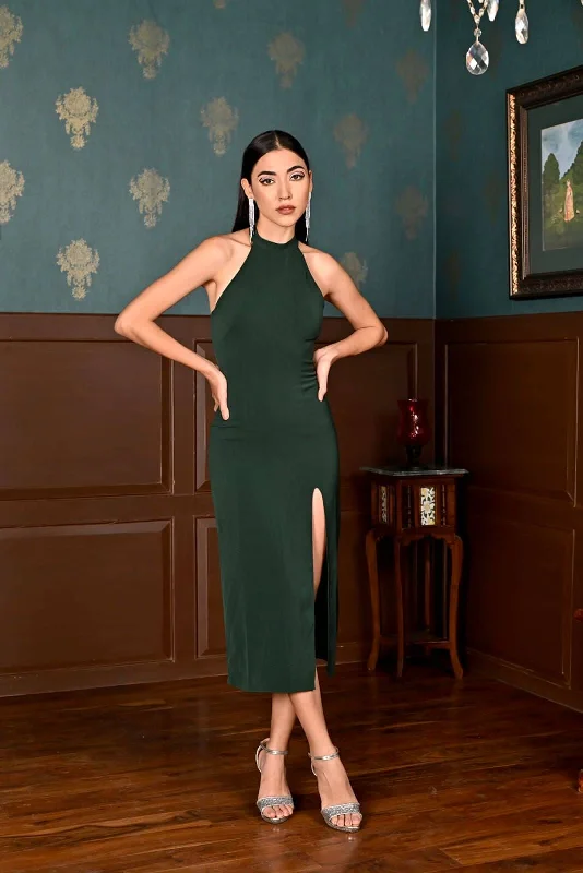 After hours - bottle green halterneck midi dress