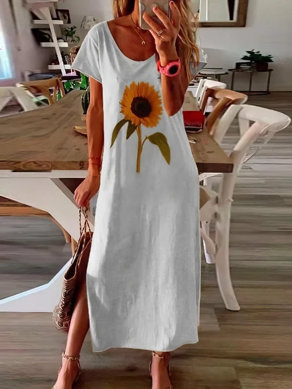 Sunflower Print Short-sleeved Slit Dress