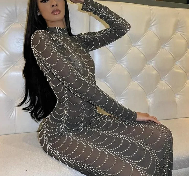 Crystal Long Sleeve Mesh Maxi Dresses