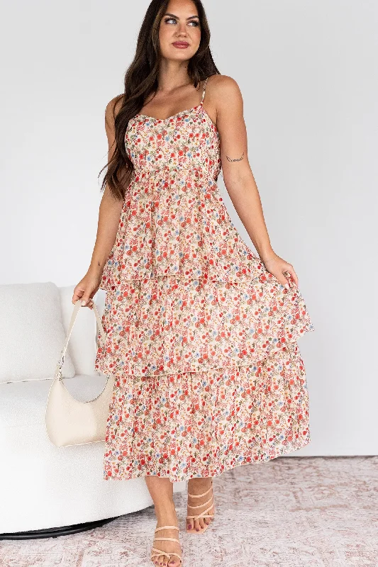 Feels Like Love Tiered Floral Midi Dress (Cream Multi)