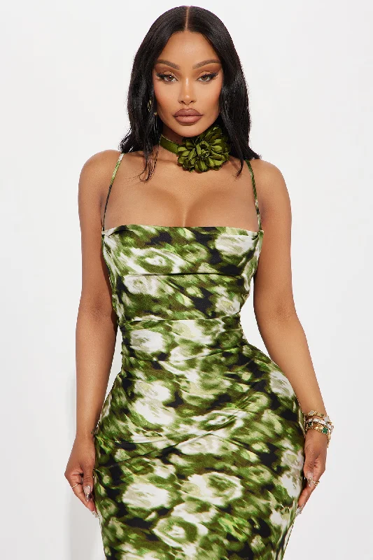 Hot Date Satin Maxi Dress - Olive