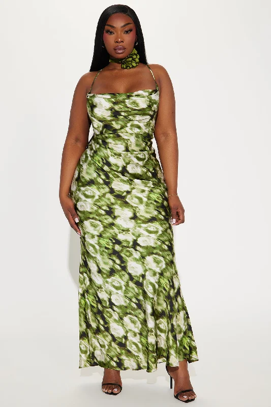 Hot Date Satin Maxi Dress - Olive