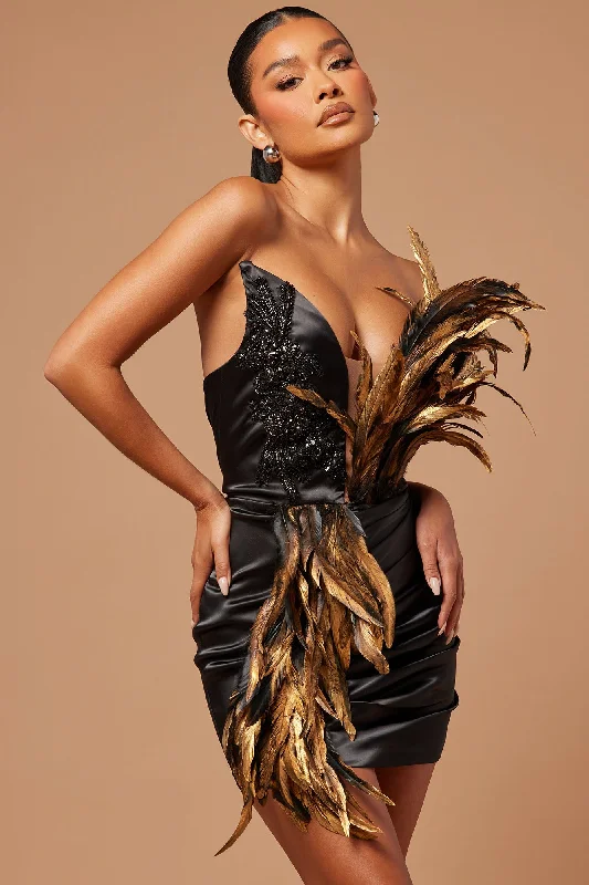 Jessy Feather Satin Mini Dress - Black/Gold