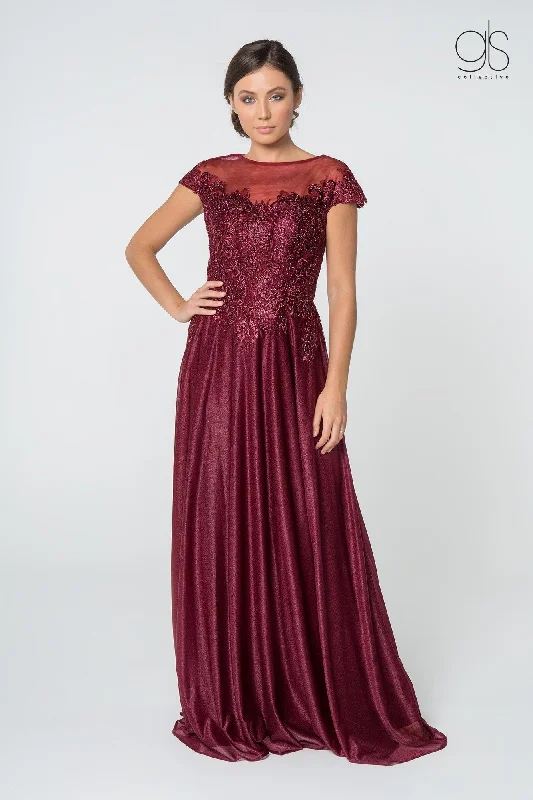 Long Lace Bodice Dress with Cap Sleeves by Elizabeth K GL2828