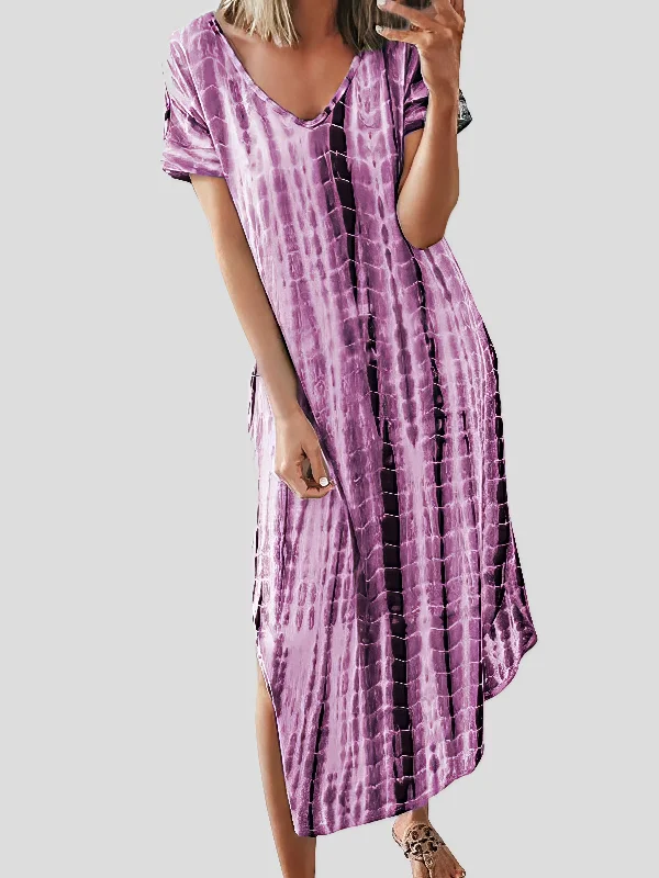 Loose Tie-Dye Printed V-Neck Split Dress