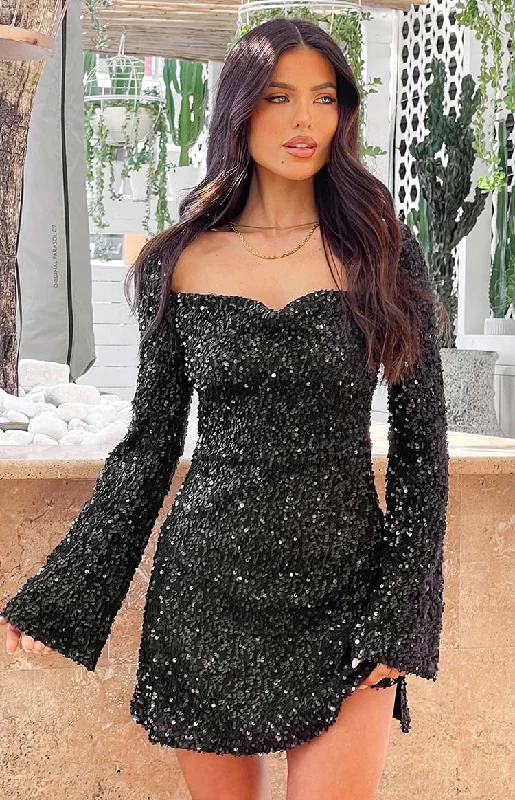 Marienne Black Sequin Long Sleeve Mini Dress