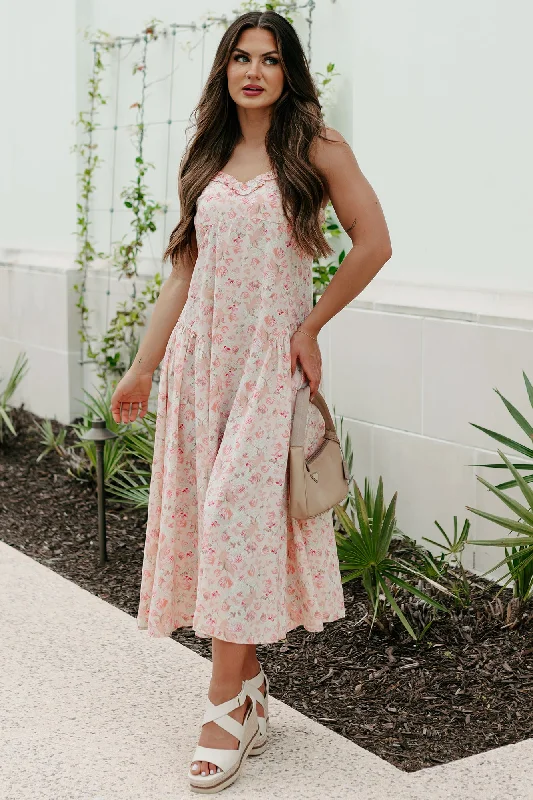 Phenomenal Fashion Drop Waist Floral Midi Dress (Apricot)