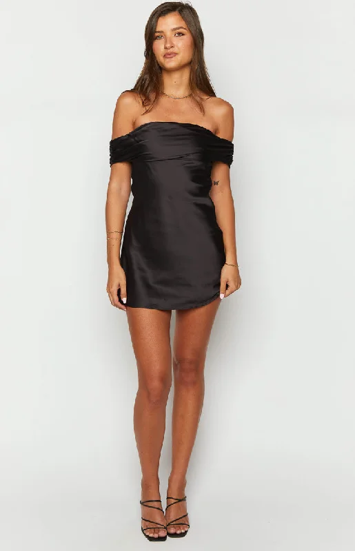 Primrose Black Satin Off the Shoulder Mini Dress