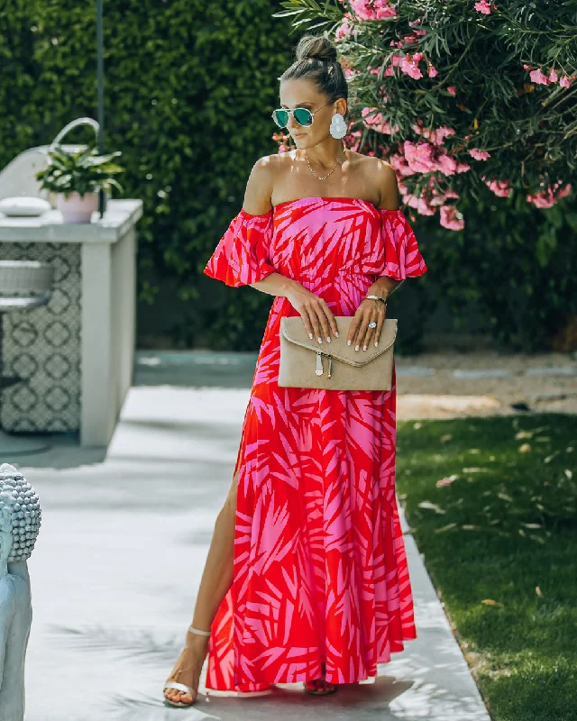 Royal Villa Palm Print Off The Shoulder Maxi Dress