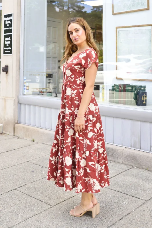 Petite Floral Tiered Midi Dress (Terracotta)