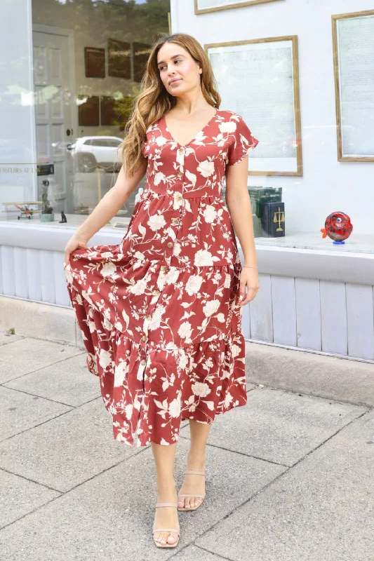 Petite Floral Tiered Midi Dress (Terracotta)